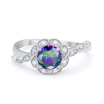 Art Deco Wedding Ring Simulated Rainbow CZ 925 Sterling Silver